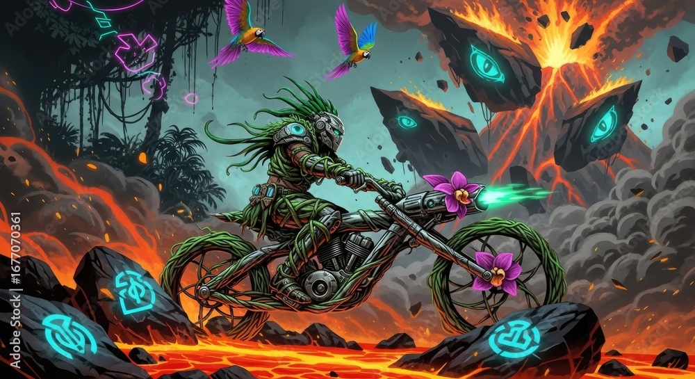 Fototapeta premium Jungle Cyborg Rider: Braving a Volcanic Eruption Graffiti Art.