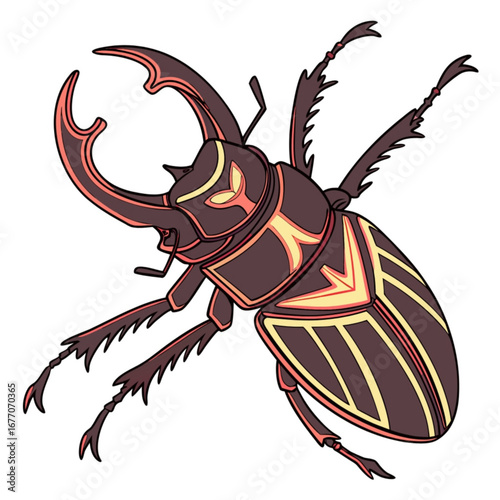 Minimilist illustration of a stag beetle with large mandibles and decorative markings on its carapace design vector