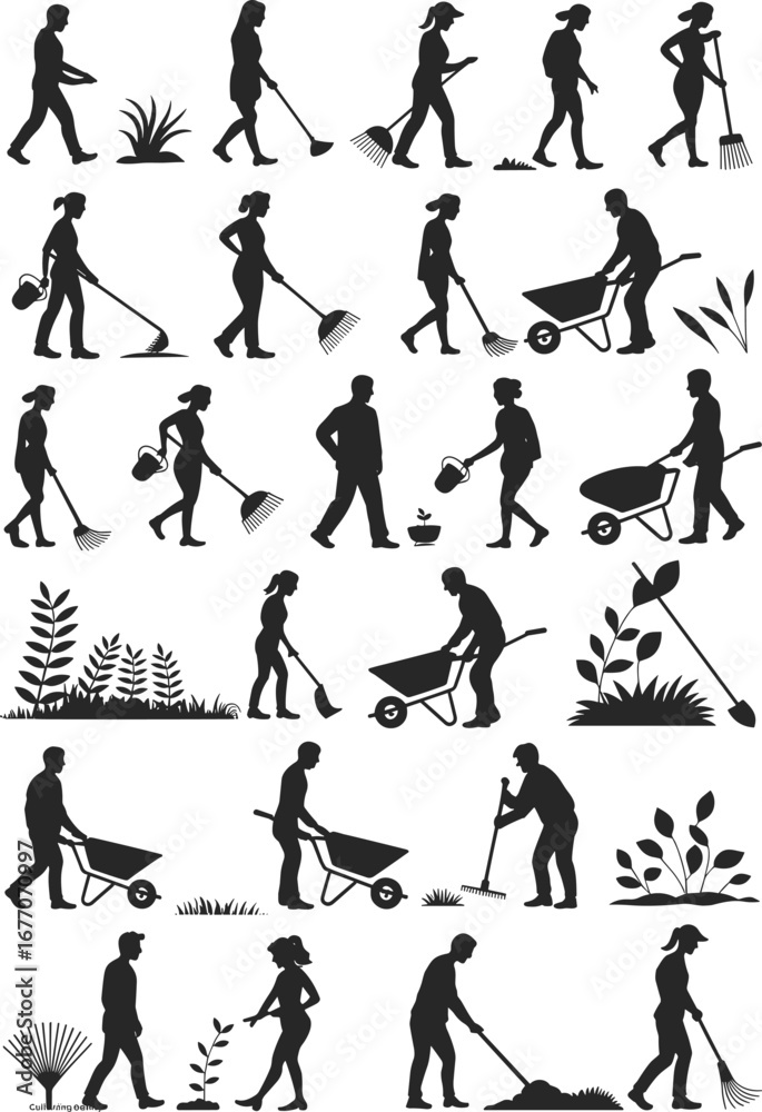 Obraz premium Gardening and landscaping silhouettes, raking, digging, wheelbarrow, planting, watering, garden tools, horticulture, agriculture, outdoor work, plant care, maintenance, flat vector illustration