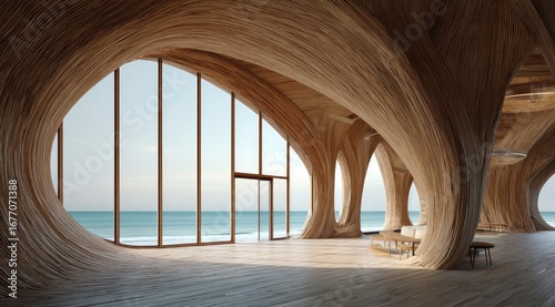 Coastal wooden interior with flowing curves and ocean views