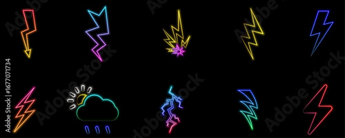neon style.flash thunder energy icon set, flash lightning icon with lightning - electrical energy icon symbol
