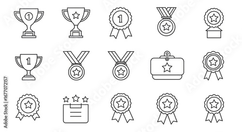 Award-winning achievement icons perfect for celebrating success, showcasing top performance, and recognizing excellence with trophies, medals, and ribbons