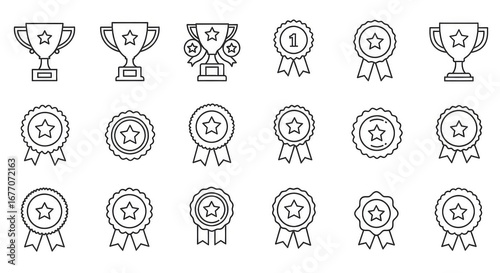 Elegant line art trophies and award ribbons perfect for recognizing achievement, celebrating success, and conveying excellence in any field