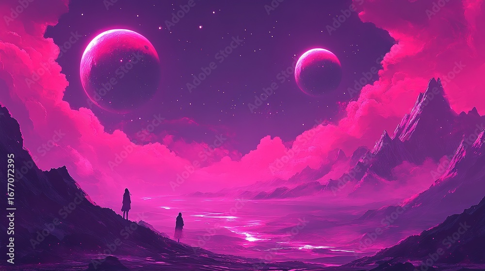 Fototapeta premium Vivid Pink Cosmic Landscape with Two Moons, Clouds, Mountains, and Figures