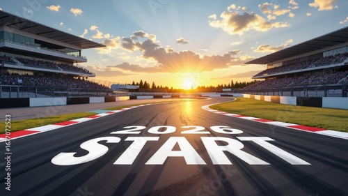 Sunset over race track, capturing excitement of start of New Year 2026. Concept of celebration, joy, and possibilities of start of New Year 2026 in vibrant colors.