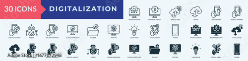 Digitalization icon collection set with digitalization, business digital, data cloud, cloud, smartphone, digital payment