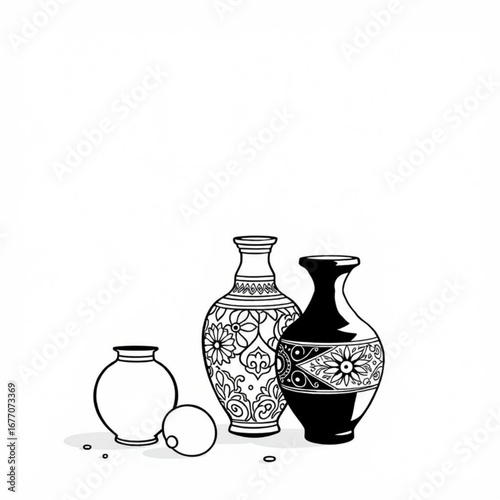 Minimilist three vases and a ball in black and white line art with floral patterns and simple round shape vase design vector