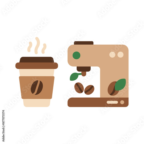 Coffee Machine and Coffee Cup Vector Take Away Flat Icon.Celebrating the diversity of coffee around the world.