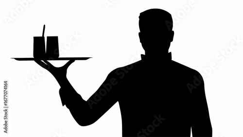 Silhouette of a waiter holding a tray with two drinks in glasses with a straw on a white background