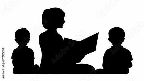 Silhouette of a woman reading a book to two children sitting beside her in a monochrome illustration