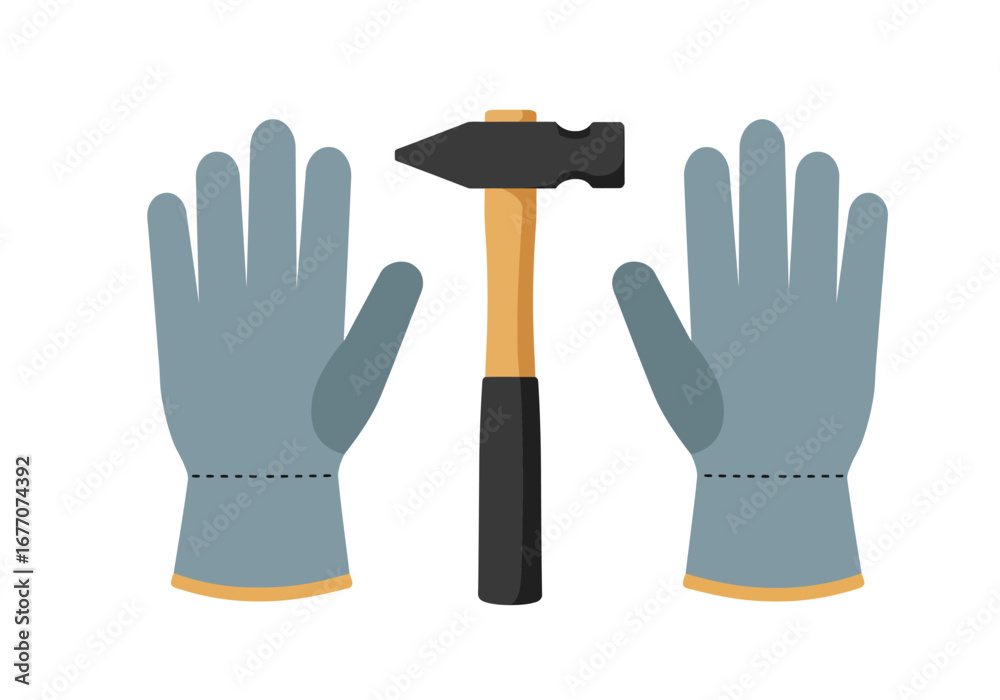 Essential Industrial Tools: Work Gloves and Hammer. Essential Industrial Tools: Work Gloves and Hammer.