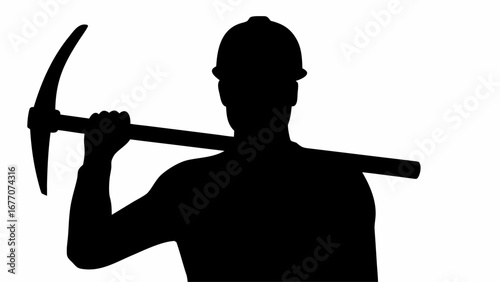 Silhouette of a miner with hard hat holding a pickaxe over his shoulder in a black and white image