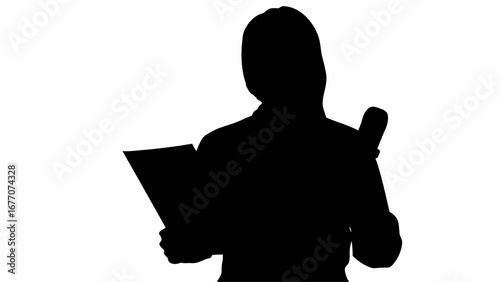 Silhouette of a person holding a microphone and reading from a document on a white background design