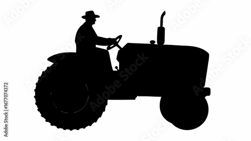 Silhouette of a farmer wearing a hat driving a tractor in a field in black and white style art