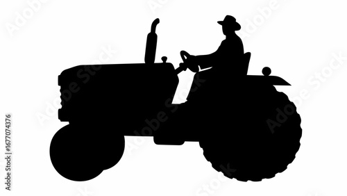 Silhouette of a farmer wearing a hat driving an old tractor in a field against a white background