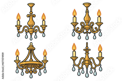 Set of classic gold chandeliers with crystal pendants and burning candles. Vector cartoon illustration for interior design, home decor, luxury concepts, and decoration.