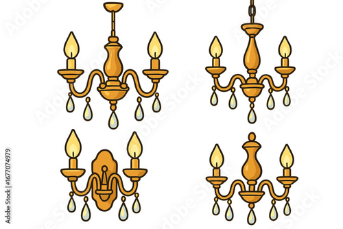 Set of vintage chandeliers and wall sconce. Classic gold ceiling light fixtures with crystal pendants. Luxury antique lamp for interior design. Cartoon vector illustration.