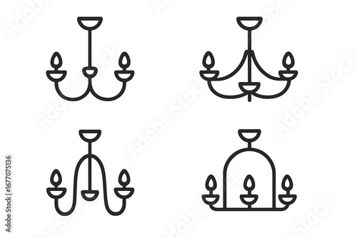 Chandelier vector icon set. Linear style collection of ceiling light fixtures. Classic and modern lamp illustration for home decor and interior design concepts. Isolated signs.