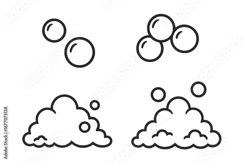Set of soap foam and bubbles line icons. Vector illustration of suds, lather, and fizzy drink elements. Editable stroke graphic for cleaning, washing, and bath concepts.
