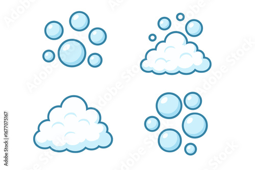 Set of bubble and foam icons for graphic design, apps, and concepts. Vector cartoon illustration of soap suds, effervescent water, and cleanliness. Isolated clipart elements.