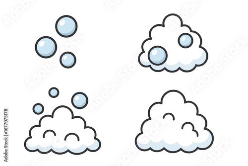 Bubble and foam icon set. Soap suds vector cartoon illustration. Concept of washing, cleaning, hygiene. Cute lather character face. Water bubbles graphic for apps. Cleanliness.