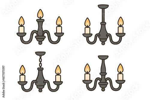 Chandelier icon set vector cartoon illustration. Vintage ceiling light fixture with burning candles. Retro antique candelabra graphic symbol for interior home decor design.