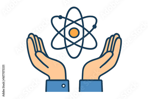 Hands holding atom symbol. Science and technology concept. Nuclear energy research. Physics innovation and development. Vector illustration icon for web, apps, and science.