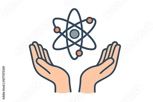 Science in human hands concept. Atom symbol over open palms. Physics, chemistry research, and nuclear energy development. Knowledge, innovation, and technology vector icon.
