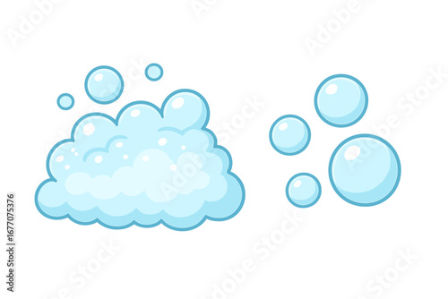 Bubble and foam vector icon set for cleaning or washing concepts. Cartoon soap suds illustration isolated on white. Blue water bubbles for bath, laundry, or fizzy drinks.