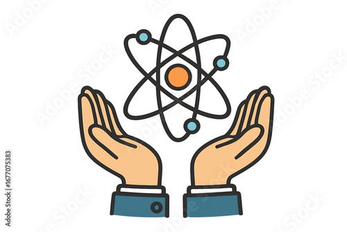 Science in our hands concept. Atom icon held in open palms. Metaphor for research, innovation, and nuclear energy. Physics, technology, and scientific development symbol.
