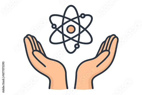 Science in our hands concept. Atom symbol over open palms. Physics, nuclear energy and technology icon. Research and development. Future of innovation and discovery.