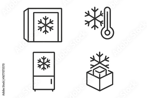 Cold storage and freezing icon set. Vector line art symbols for refrigerator, freezer, and cold temperature. Snowflake, thermometer, and frozen goods icons for logistics and food.