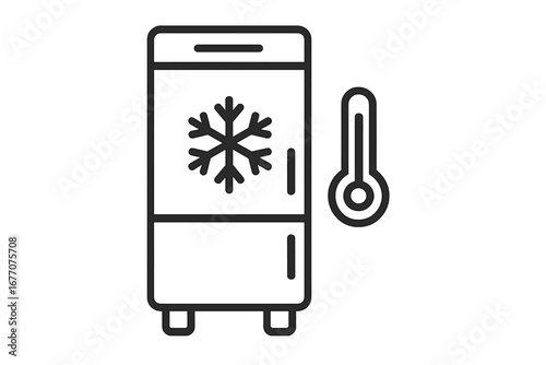 Cold storage, refrigerator and freezer icon with thermometer. Linear symbol for temperature control and food preservation. Outline pictogram for kitchen appliances and cooling.