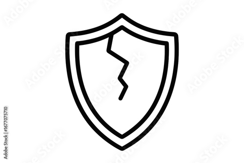 Broken shield icon concept of vulnerability, risk and failed security. Cracked defense symbol. Metaphor for data breach, insecure system or lack of protection. Vector outline.