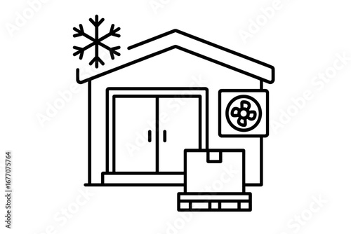 Cold storage warehouse vector line icon. Industrial freezer building, refrigeration unit, and frozen goods on pallet. Supply chain logistics and inventory management symbol.