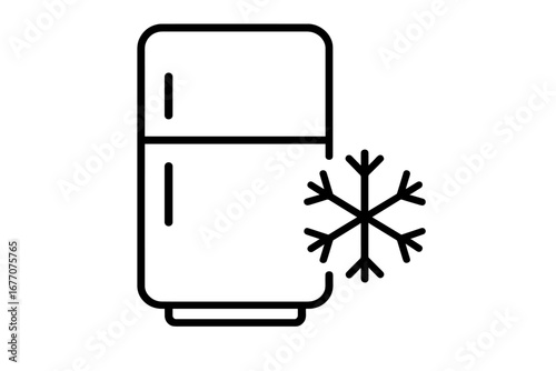 Refrigerator icon with snowflake. Cold storage linear symbol. Freezer concept. Kitchen appliance for food preservation. Outline vector illustration for web design, pictogram, ui.