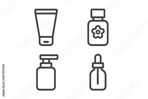 Cosmetic bottle line icon set. Skincare and beauty product packaging symbols. Vector illustration of cream tube, lotion pump, serum dropper, and sunscreen bottle. Minimalist design.