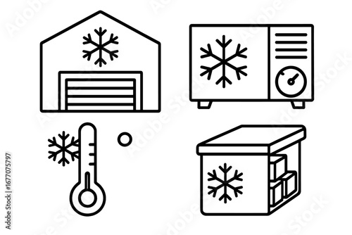Cold storage and refrigeration vector icon set. Outline graphic elements of freezer, warehouse, air conditioner, and thermometer for logistics and industrial cooling concepts.