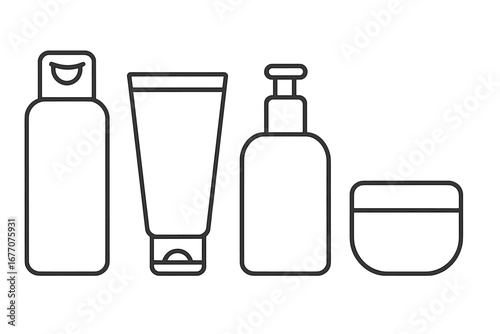 Cosmetic bottle icon set. Skincare packaging line art collection. Shampoo, cream tube, soap pump dispenser, and jar vector illustration. Beauty product container outline symbols.
