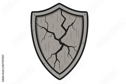 Cracked shield icon for concepts of vulnerability, weakness, and failed protection. Broken defense symbol of insecurity, damage, danger, or attack. Vector cartoon illustration.