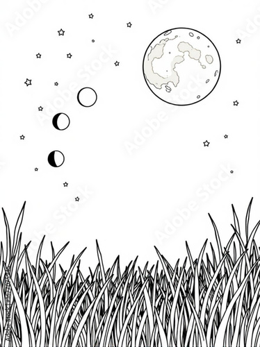 Minimilist illustration of moon phases stars and grass in black and white for coloring page or simple illustration vector