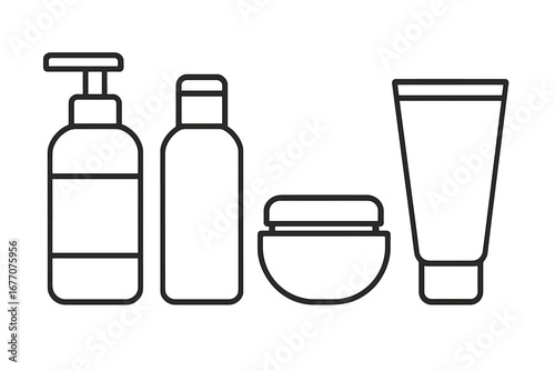Cosmetic bottle outline set. Skincare packaging icon collection. Beauty product container symbol. Lotion, cream, shampoo, gel. Vector illustration for web, ads, apps.