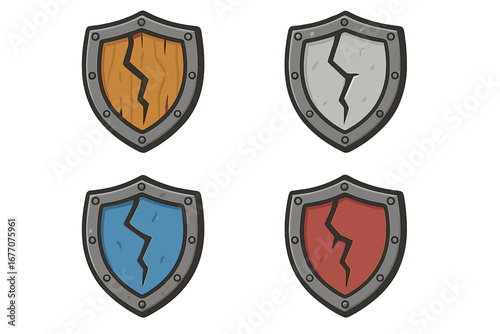 Set of cracked shields vector icons. Broken defense symbol for games, apps. Damaged wooden, stone shields. Metaphor for vulnerability, failure, or breached security. Cartoon illustration.
