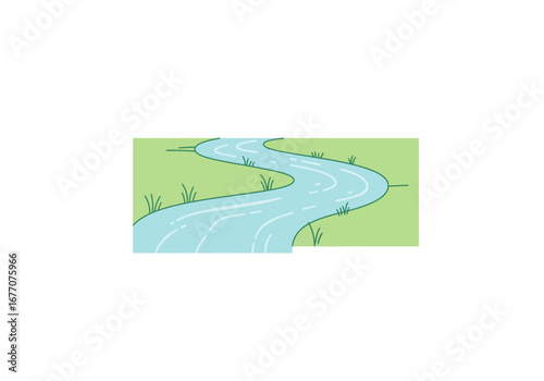 Cartoon illustration of a winding river flowing through a green landscape with grass patches