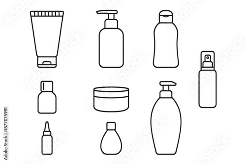 Cosmetic bottle and container line icon set. Vector symbols for beauty, skincare, and hygiene. Shampoo, cream tube, lotion dispenser, spray, and serum dropper packaging outline.