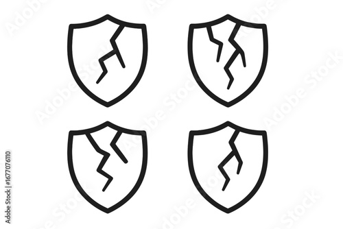 Cracked shield icon set. Minimalistic vector sign for web and graphic design. Symbol of broken security, vulnerability, danger, and data breach. Cyber attack concept.