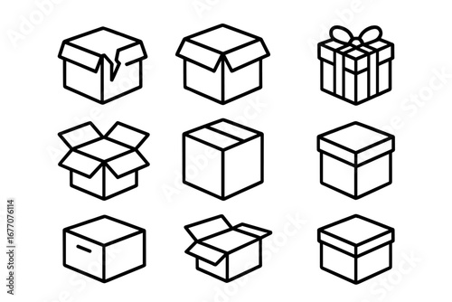 Boxes line icon set. Isometric package and container symbols for delivery service, shipping and storage. Open, closed, broken and gift box outline vector illustration for web.