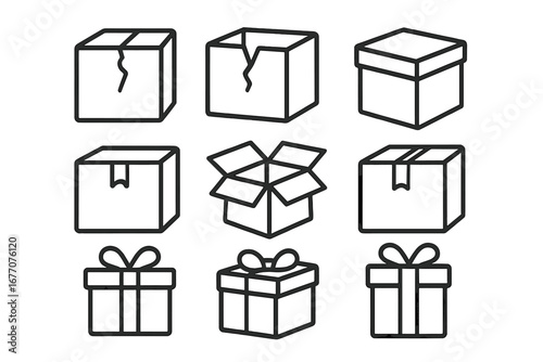 Boxes line icon set. Shipping parcel, delivery package, and giftbox outline signs for graphic design. Vector collection of container, open, closed, and broken cardboard boxes.