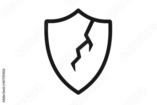Cracked shield icon symbol of vulnerability and risk. Broken security sign. Unsafe, unprotected, data breach concept. Minimal vector line art illustration for web and apps.