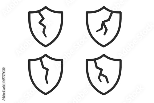 Cracked shield vector icon collection. Damaged security and broken protection concept. Metaphor for vulnerability, data breach, risk and failure. Simple line symbol set.